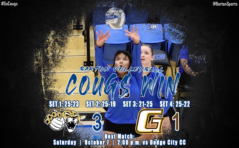 20th Ranked Barton Volleyball Stays Focused for Seventh Straight, Cougars Pick Up 3-1 victory at Garden City