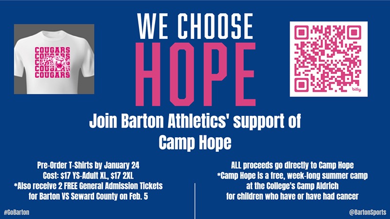Shirt Orders for Barton Athletics’ “Pink Out Night” Supporting Camp Hope On Sale Now Through January 24