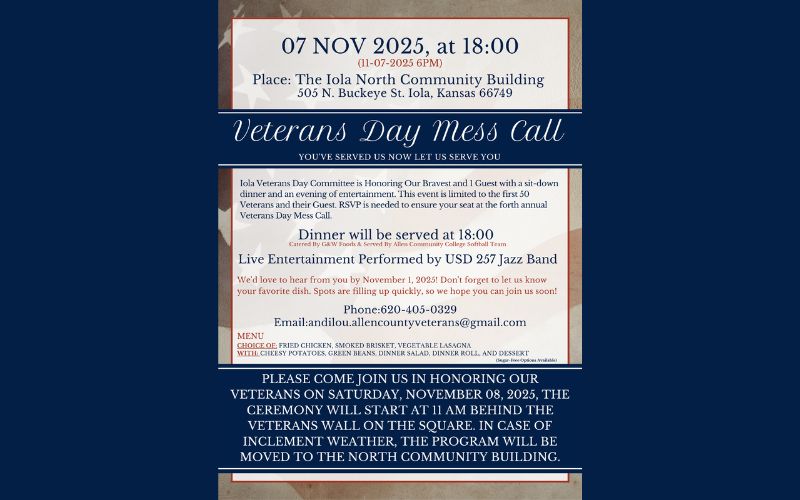 Allen County 4th Annual Veterans Day Mess Call to be held Friday, November 7 at 6 PM