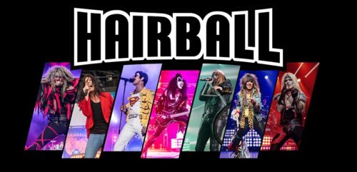 Members of Hairball shown on-stage in concert.