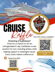 A flyer for the Cruise Raffle explains the information in the article in an exciting pattern of colors with a picture of a cruise boat.  
