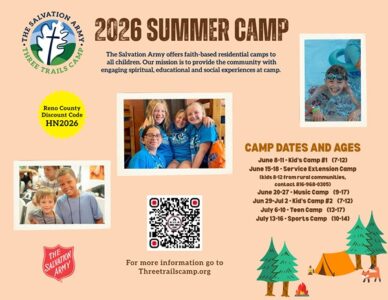 2026 Summer Camp Flyer explains that the Salvation Army offers faith-based residential camps to all children at Three Trails Camp