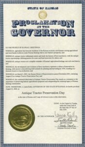 The Proclamation of the Kansas Governor regarding Antique Tractor Preservation Day is pictured.